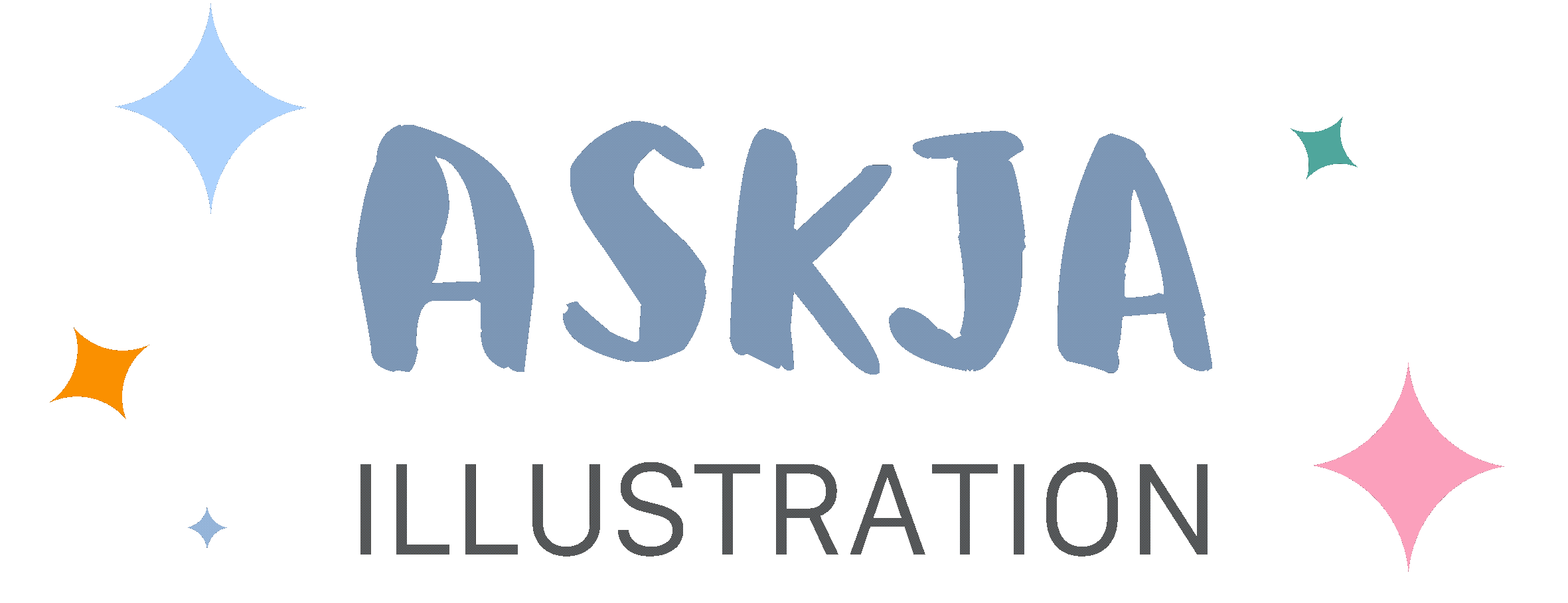 Logo von Askja Illustration – Schriftzug "ASKJA" in blaugrauem Brushstroke-Stil, darunter "ILLUSTRATION" in dunkelgrauem Sans-Serif, umgeben von bunten, blitzend animierten Glitzersternen in Blau, Rosa, Orange und Türkis.